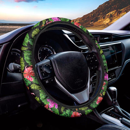 Monstera Hibiscus Hawaii Pattern Print Car Steering Wheel Cover