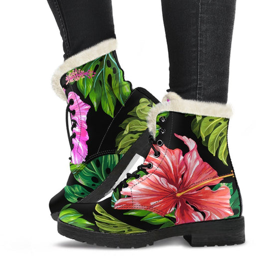 Monstera Hibiscus Hawaii Pattern Print Comfy Boots GearFrost