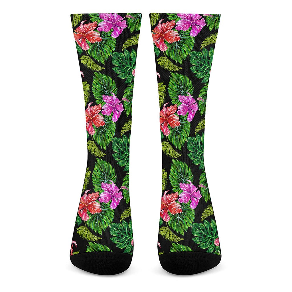 Monstera Hibiscus Hawaii Pattern Print Crew Socks