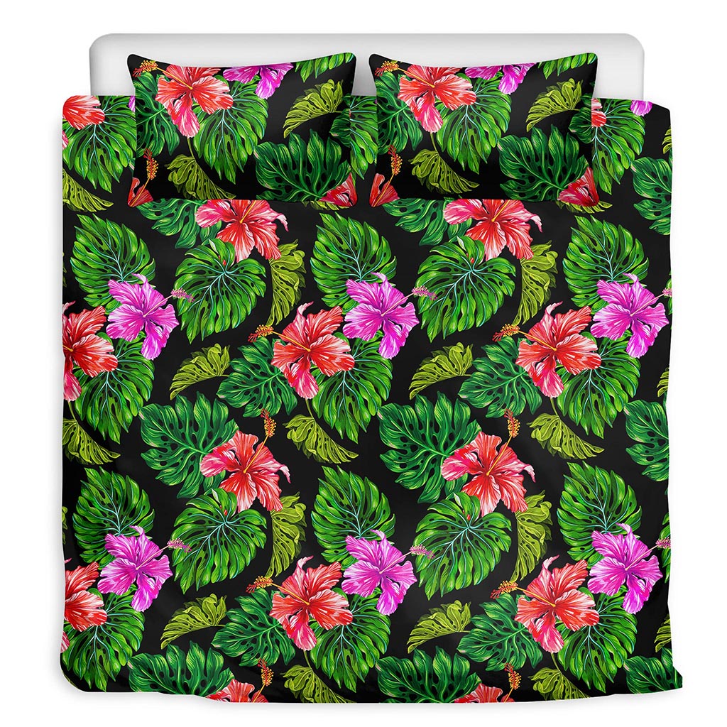 Monstera Hibiscus Hawaii Pattern Print Duvet Cover Bedding Set