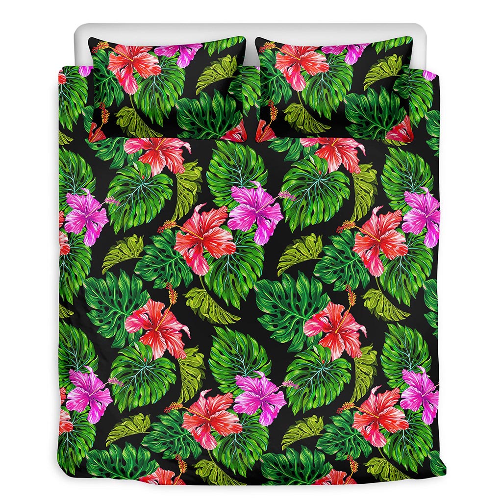 Monstera Hibiscus Hawaii Pattern Print Duvet Cover Bedding Set