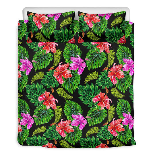 Monstera Hibiscus Hawaii Pattern Print Duvet Cover Bedding Set