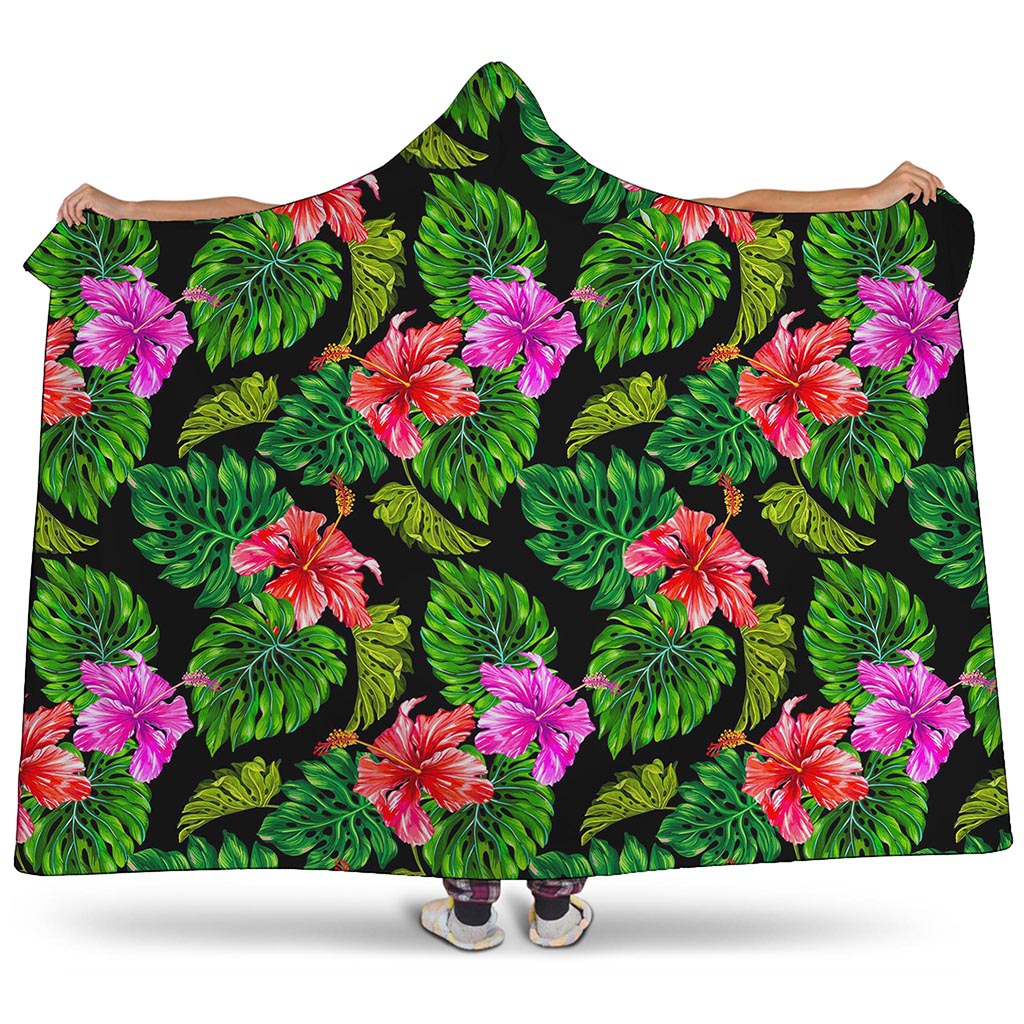 Monstera Hibiscus Hawaii Pattern Print Hooded Blanket