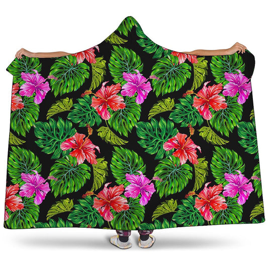 Monstera Hibiscus Hawaii Pattern Print Hooded Blanket