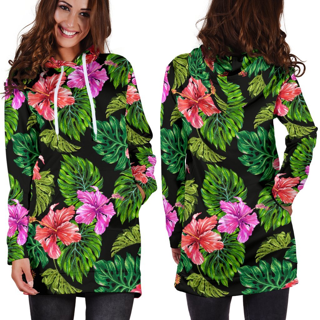 Monstera Hibiscus Hawaii Pattern Print Hoodie Dress GearFrost