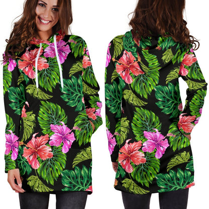 Monstera Hibiscus Hawaii Pattern Print Hoodie Dress GearFrost