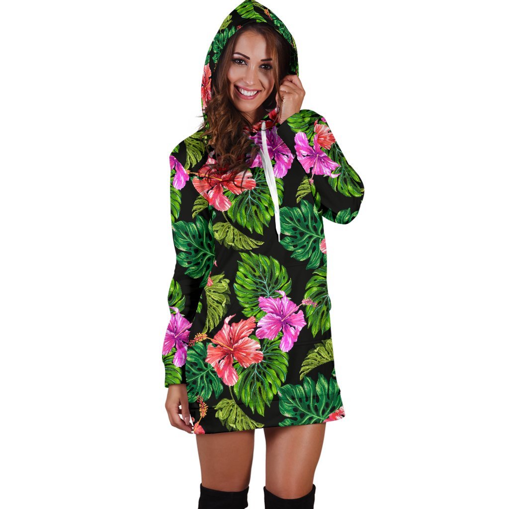 Monstera Hibiscus Hawaii Pattern Print Hoodie Dress GearFrost