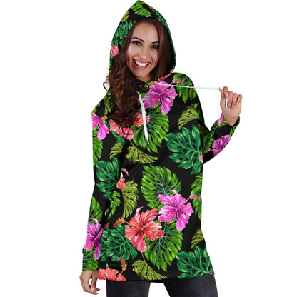 Monstera Hibiscus Hawaii Pattern Print Hoodie Dress GearFrost
