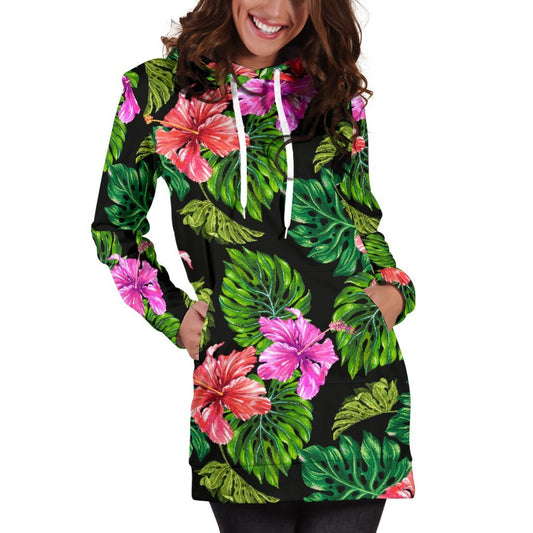 Monstera Hibiscus Hawaii Pattern Print Hoodie Dress GearFrost
