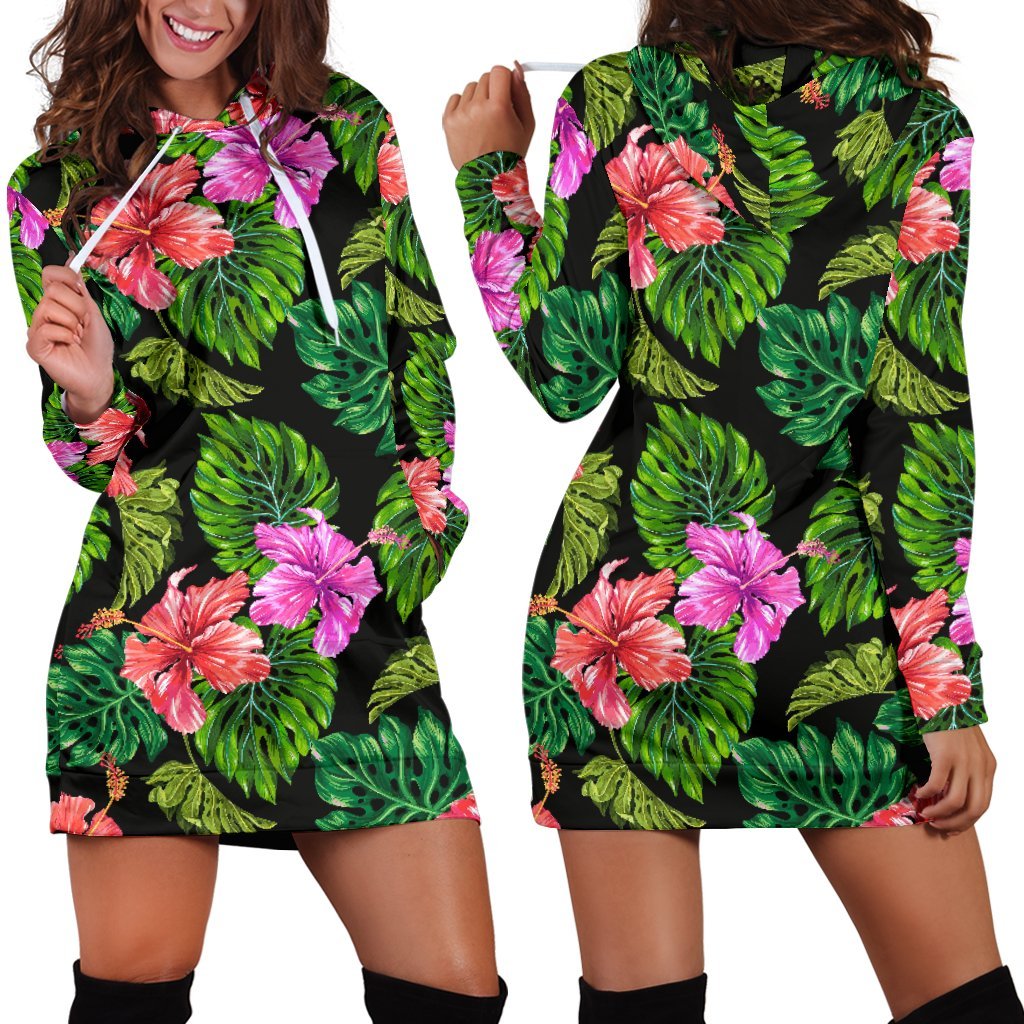 Monstera Hibiscus Hawaii Pattern Print Hoodie Dress GearFrost