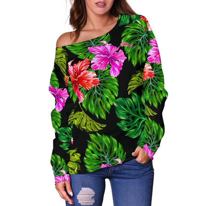 Monstera Hibiscus Hawaii Pattern Print Off Shoulder Sweatshirt GearFrost