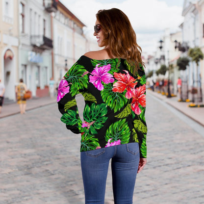 Monstera Hibiscus Hawaii Pattern Print Off Shoulder Sweatshirt GearFrost