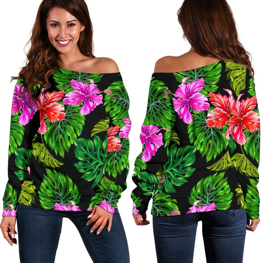 Monstera Hibiscus Hawaii Pattern Print Off Shoulder Sweatshirt GearFrost