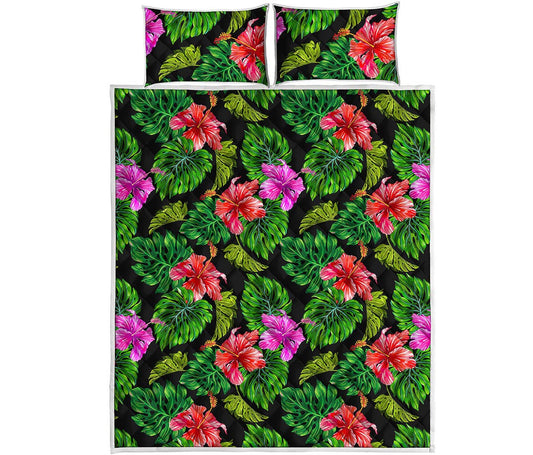 Monstera Hibiscus Hawaii Pattern Print Quilt Bed Set