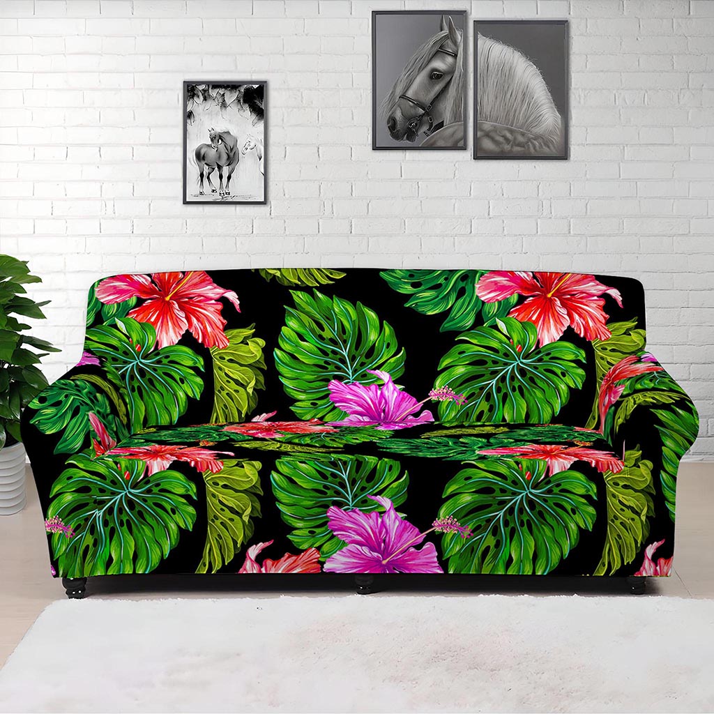 Monstera Hibiscus Hawaii Pattern Print Sofa Cover