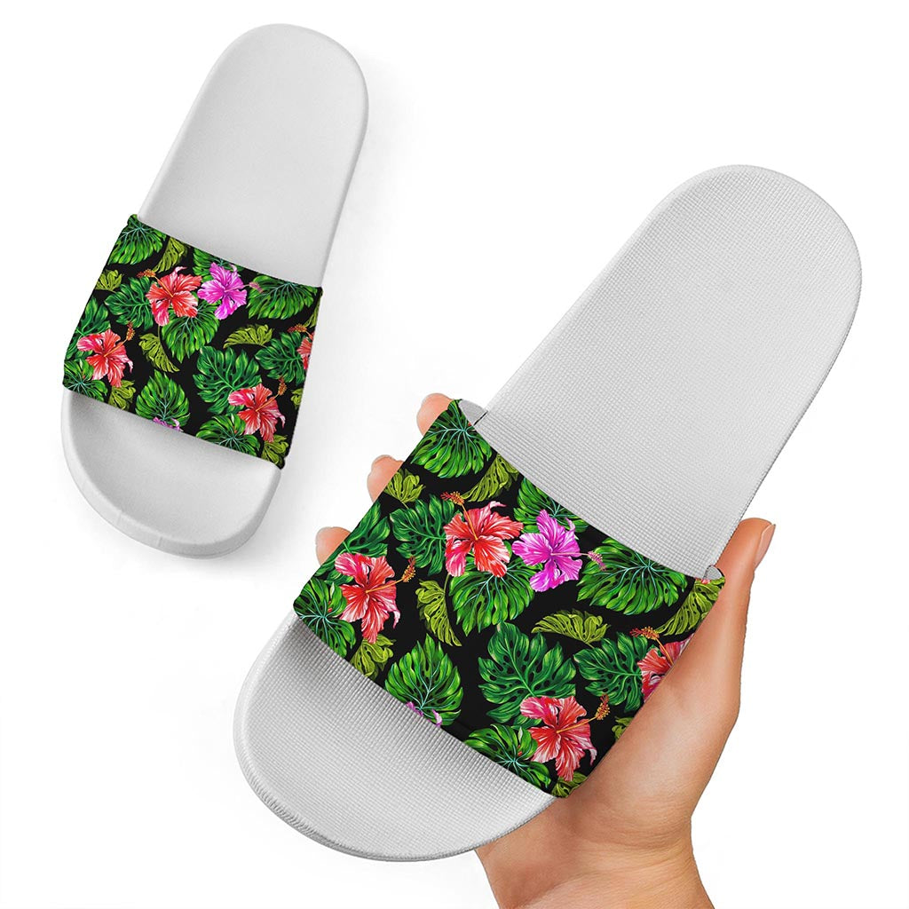 Monstera Hibiscus Hawaii Pattern Print White Slide Sandals
