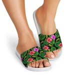 Monstera Hibiscus Hawaii Pattern Print White Slide Sandals
