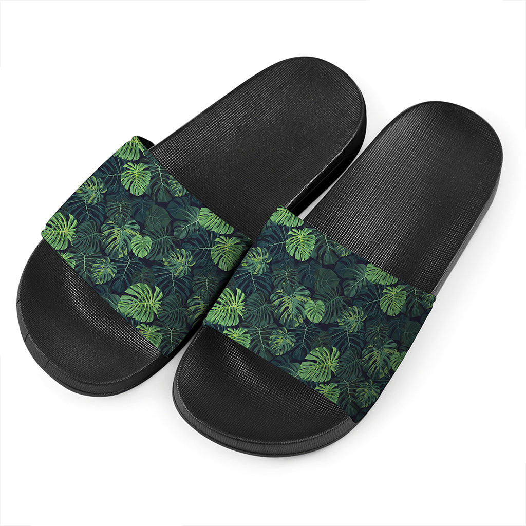 Monstera Palm Leaves Pattern Print Black Slide Sandals