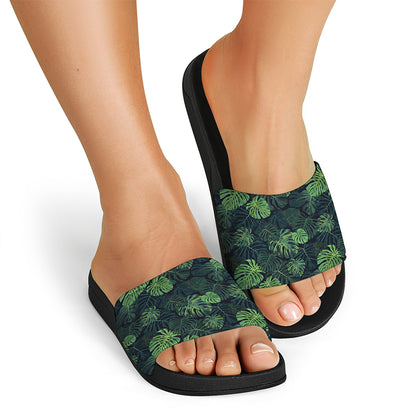 Monstera Palm Leaves Pattern Print Black Slide Sandals