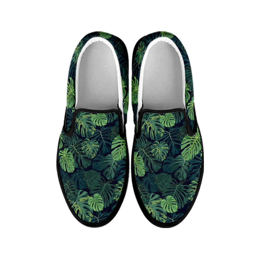 Monstera Palm Leaves Pattern Print Black Slip On Shoes