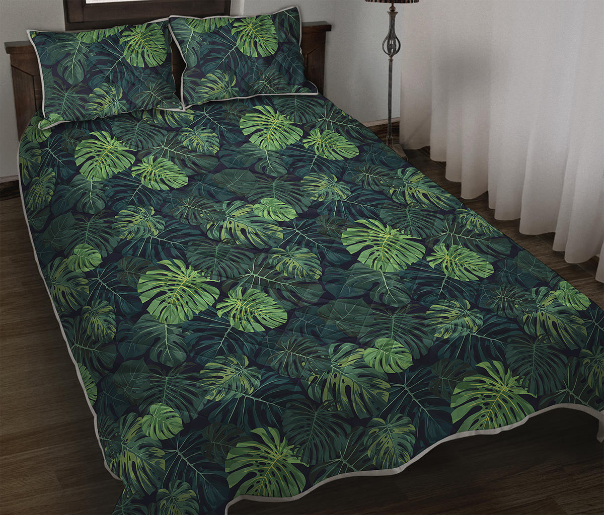 Monstera Palm Leaves Pattern Print Quilt Bed Set