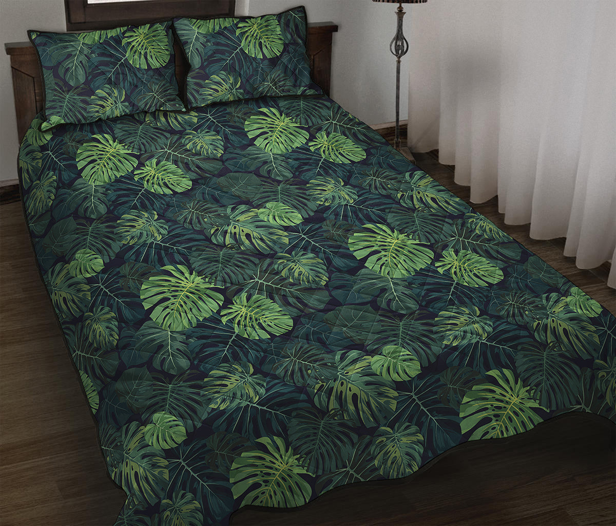 Monstera Palm Leaves Pattern Print Quilt Bed Set