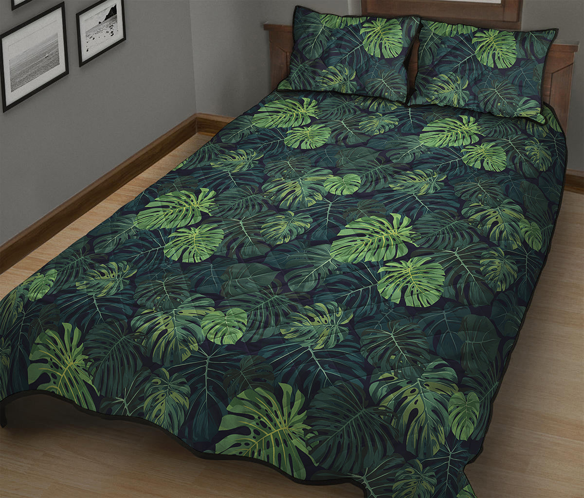 Monstera Palm Leaves Pattern Print Quilt Bed Set