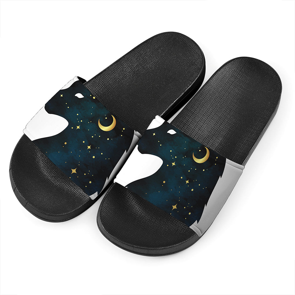 Moon And Stars Wolf Spirit Print Black Slide Sandals
