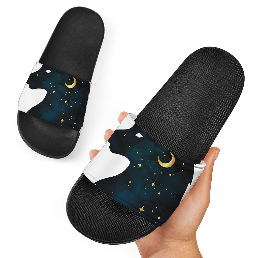Moon And Stars Wolf Spirit Print Black Slide Sandals