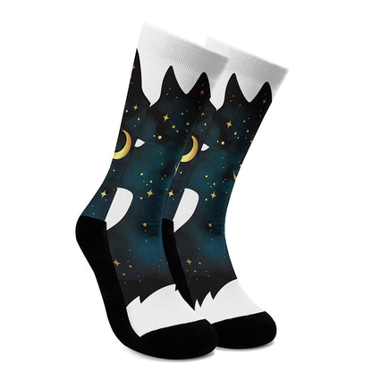 Moon And Stars Wolf Spirit Print Crew Socks