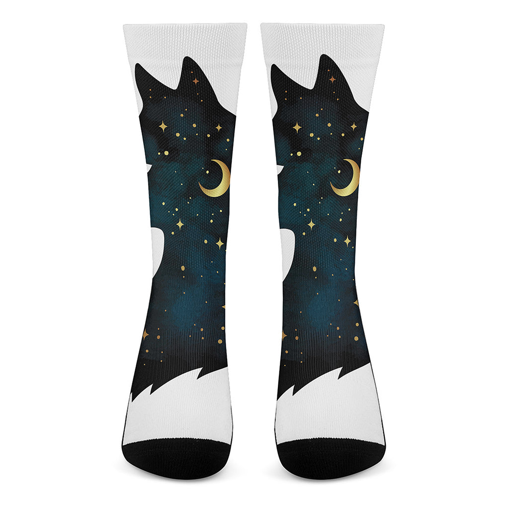 Moon And Stars Wolf Spirit Print Crew Socks