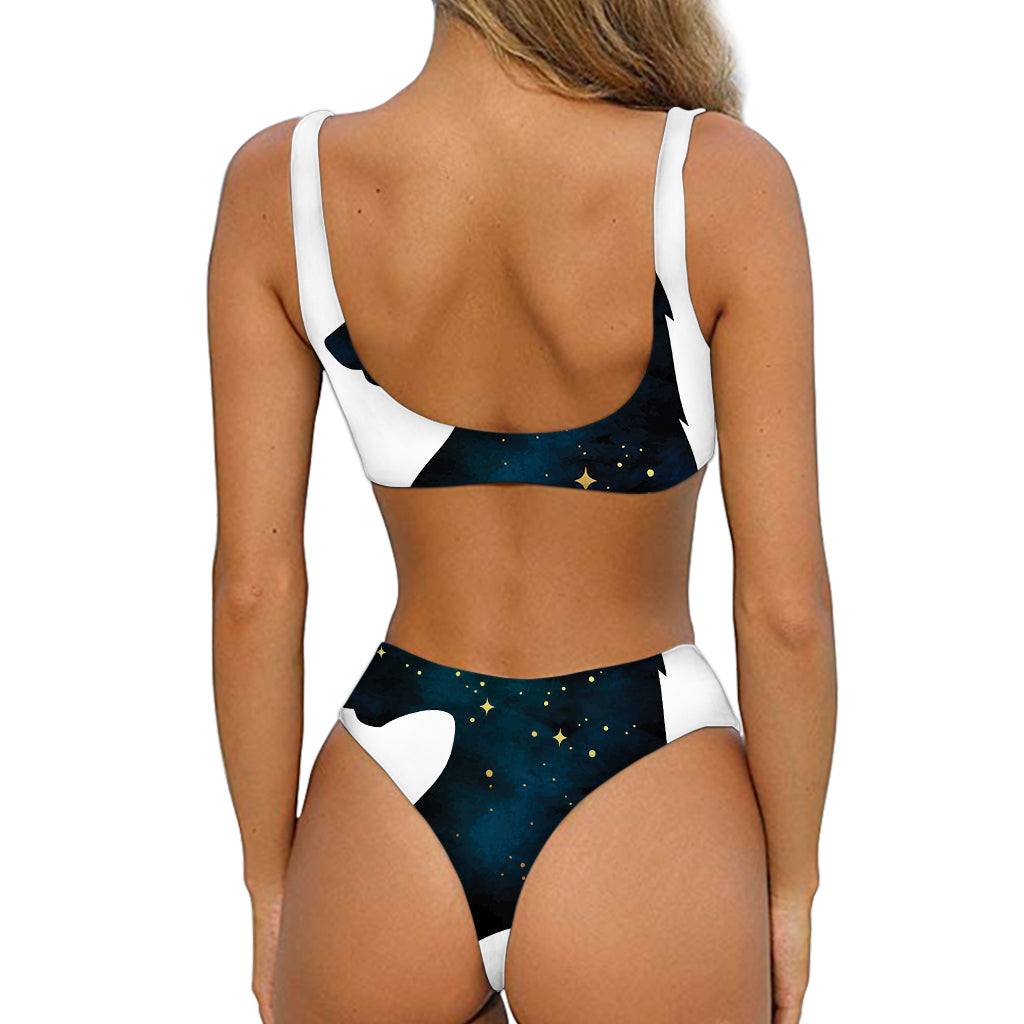 Moon And Stars Wolf Spirit Print Front Bow Tie Bikini