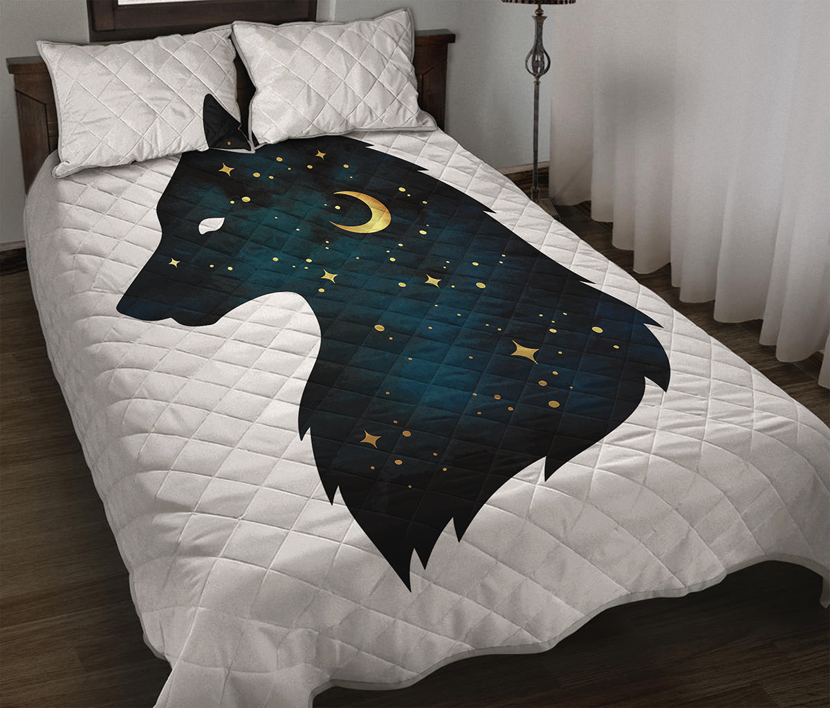 Moon And Stars Wolf Spirit Print Quilt Bed Set