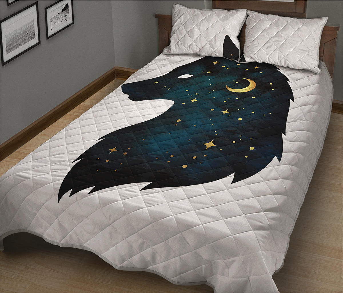 Moon And Stars Wolf Spirit Print Quilt Bed Set