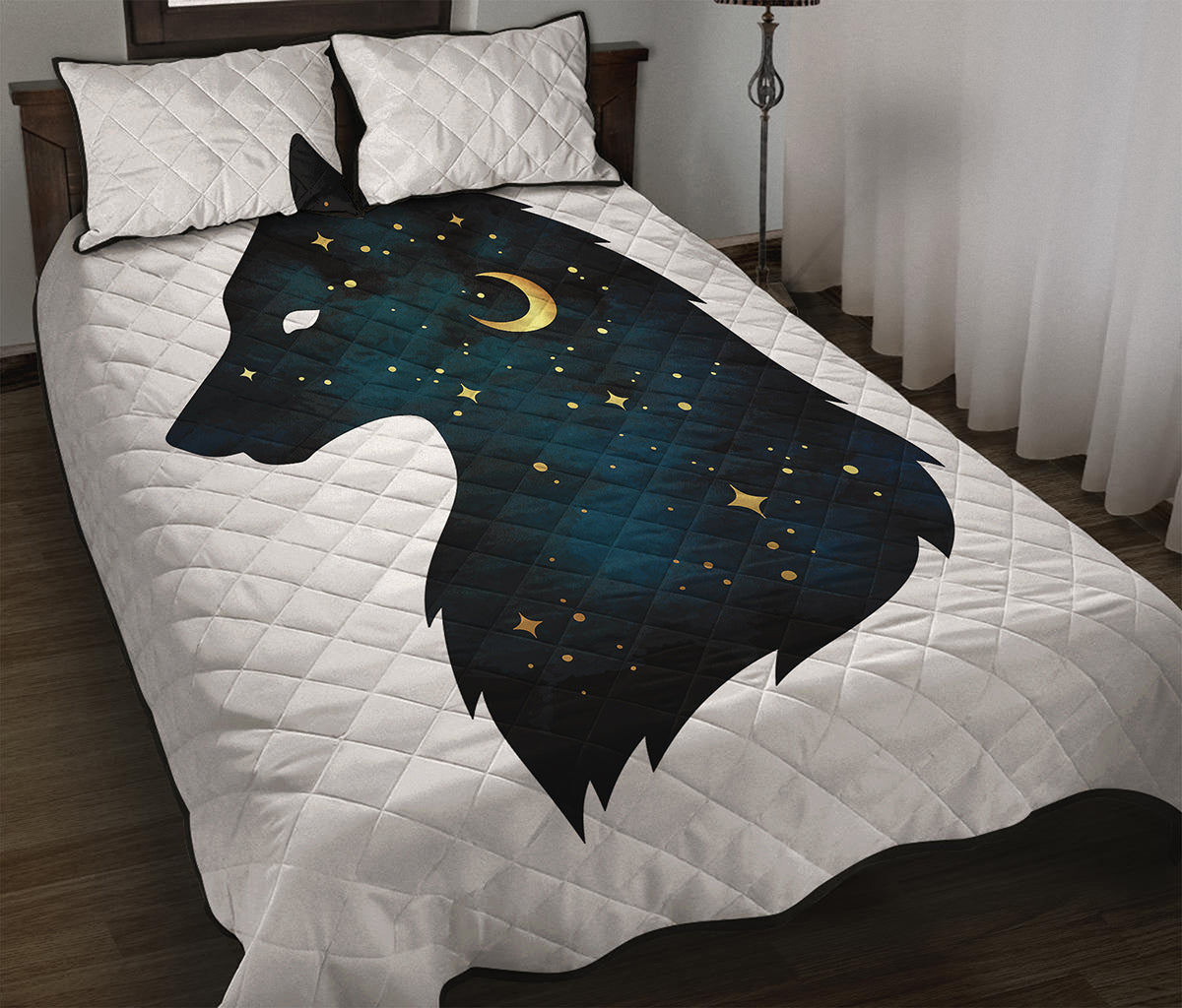 Moon And Stars Wolf Spirit Print Quilt Bed Set
