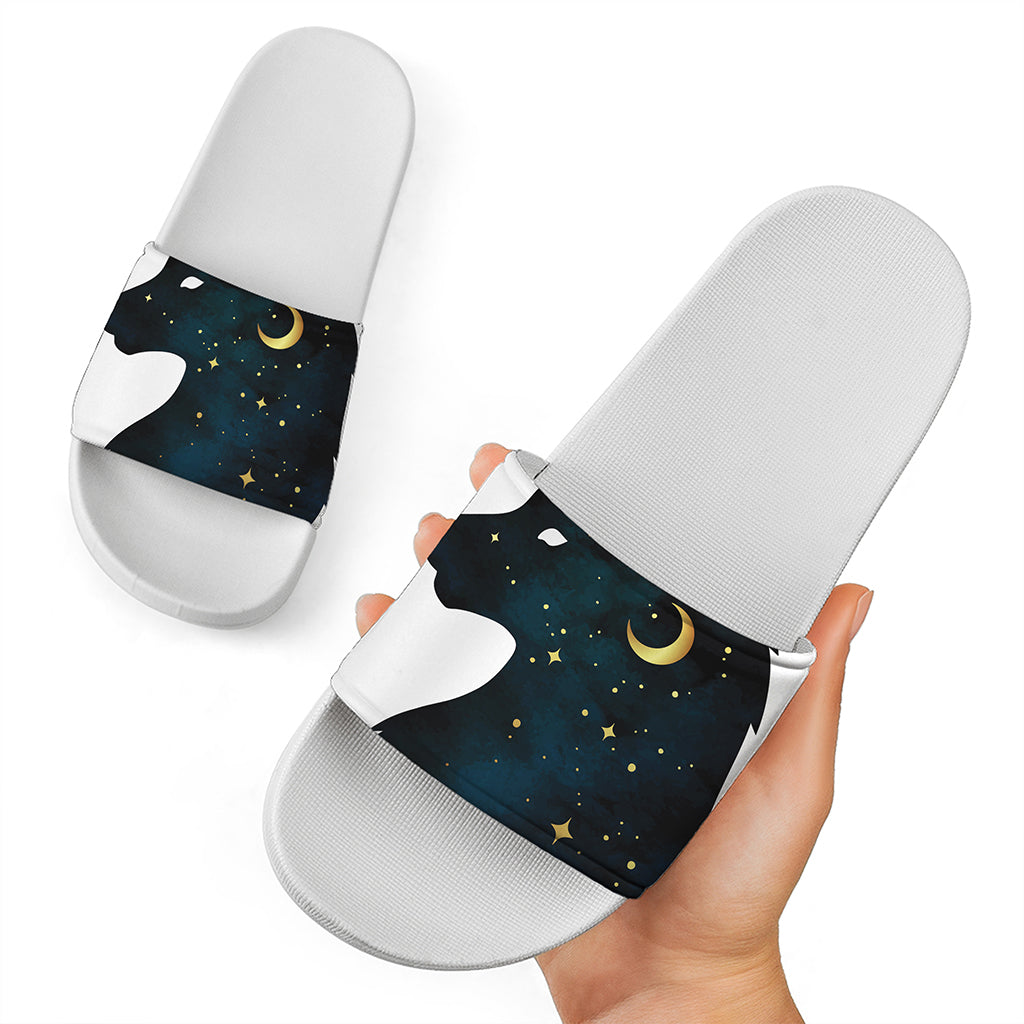 Moon And Stars Wolf Spirit Print White Slide Sandals