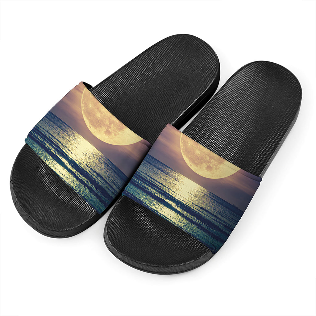 Moon Beach Print Black Slide Sandals