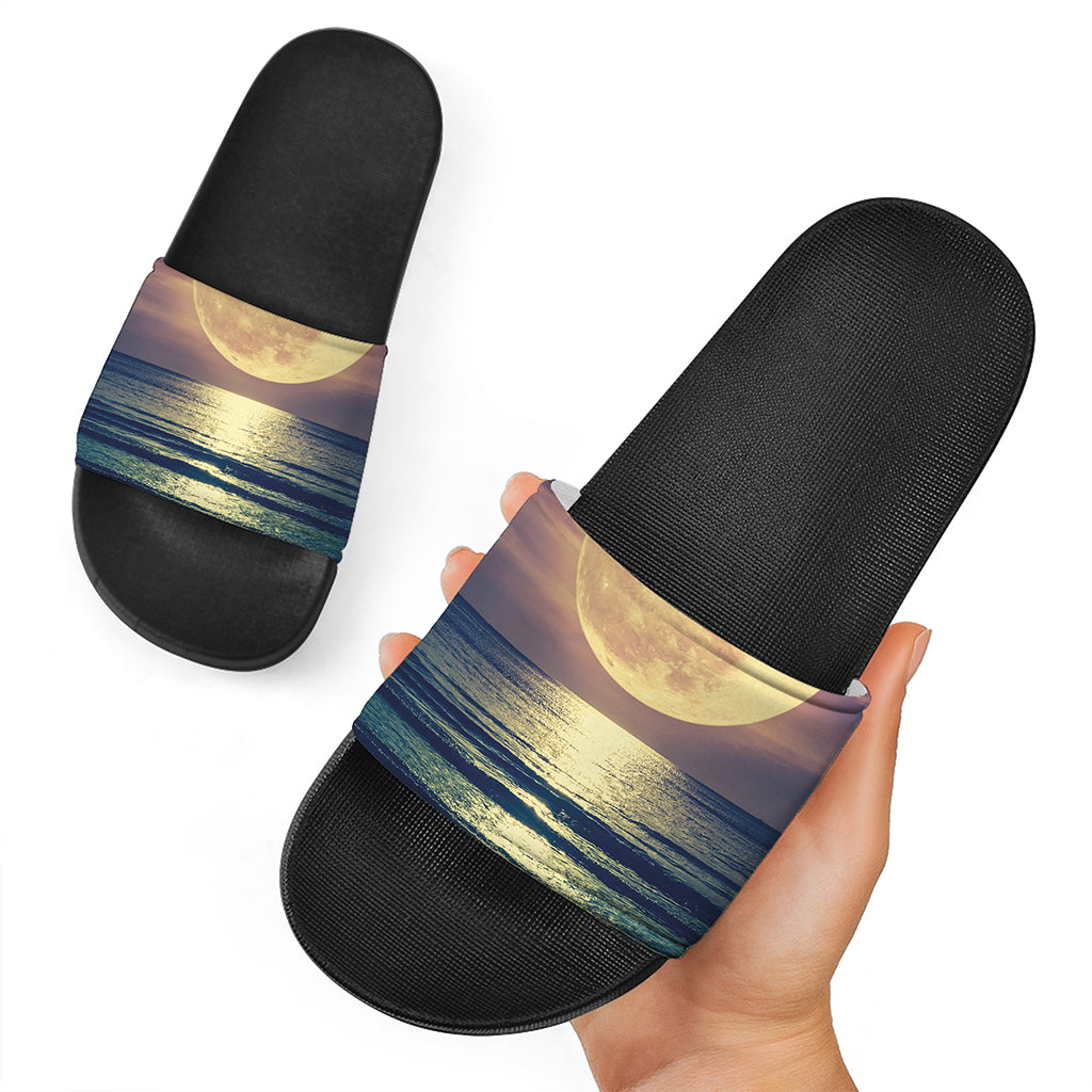 Moon Beach Print Black Slide Sandals