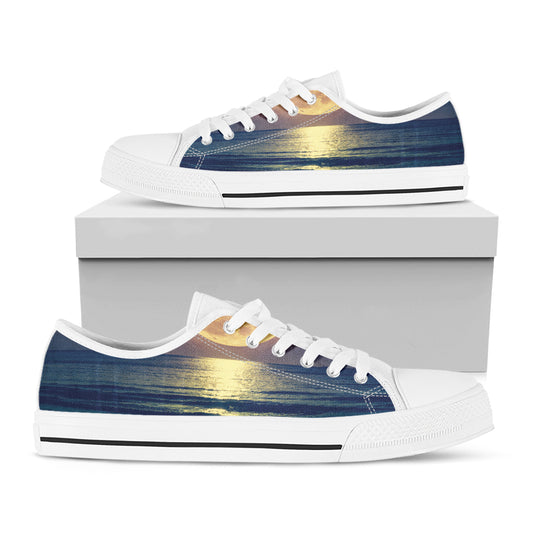 Moon Beach Print White Low Top Shoes