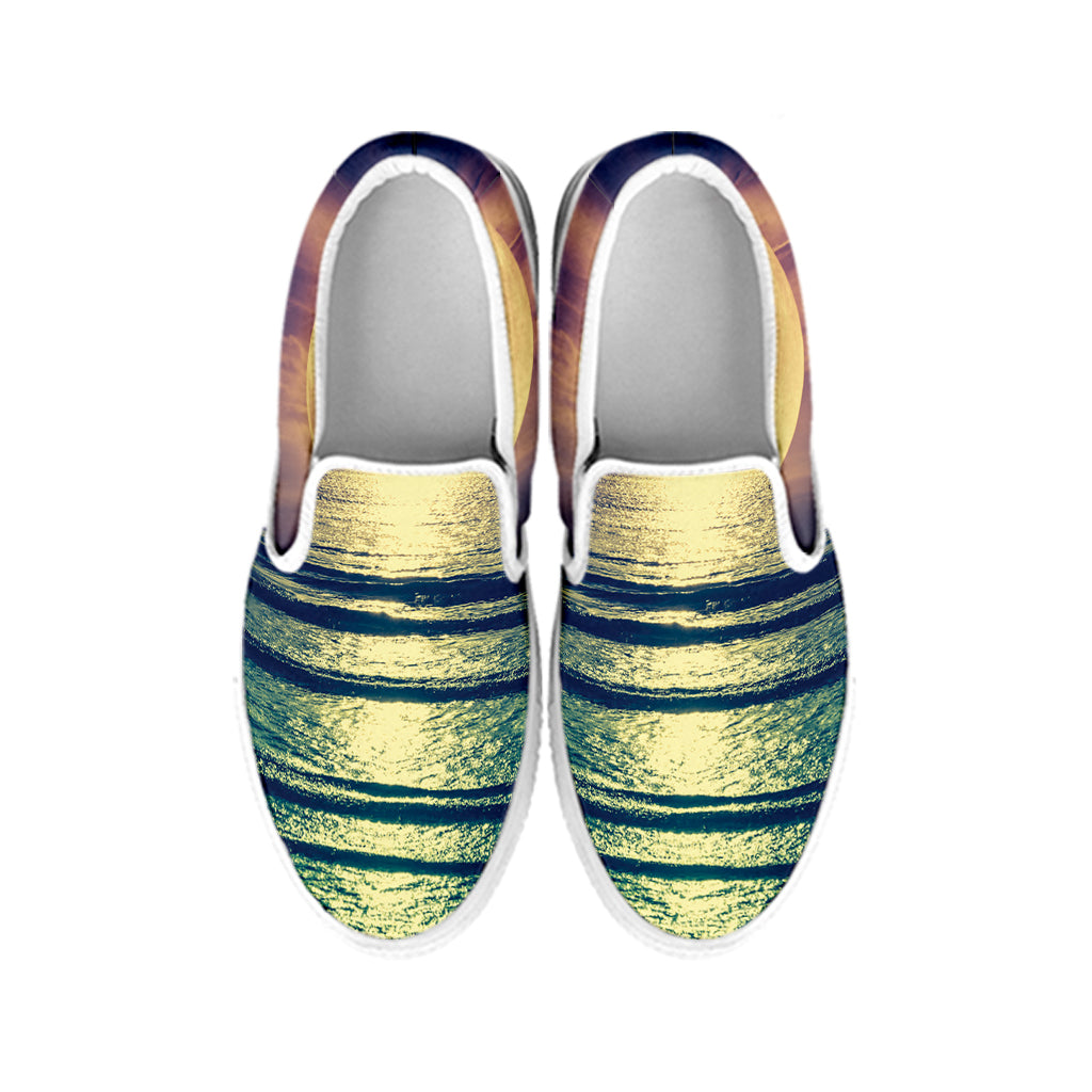 Moon Beach Print White Slip On Shoes
