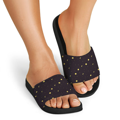 Moon Phase And Stars Pattern Print Black Slide Sandals