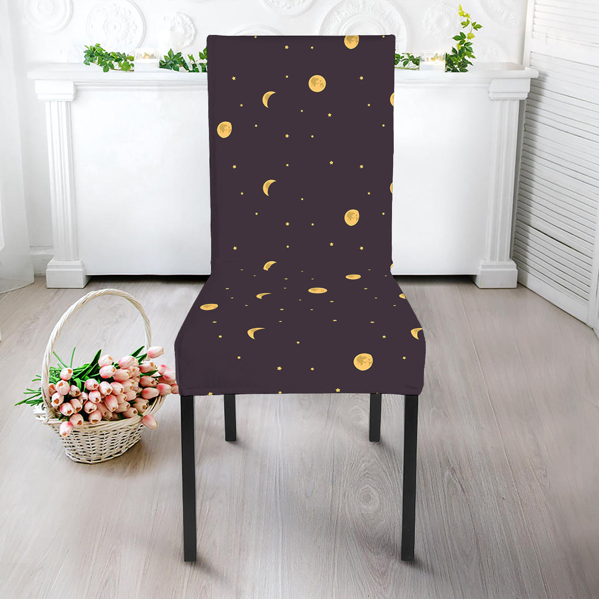 Moon Phase And Stars Pattern Print Dining Chair Slipcover