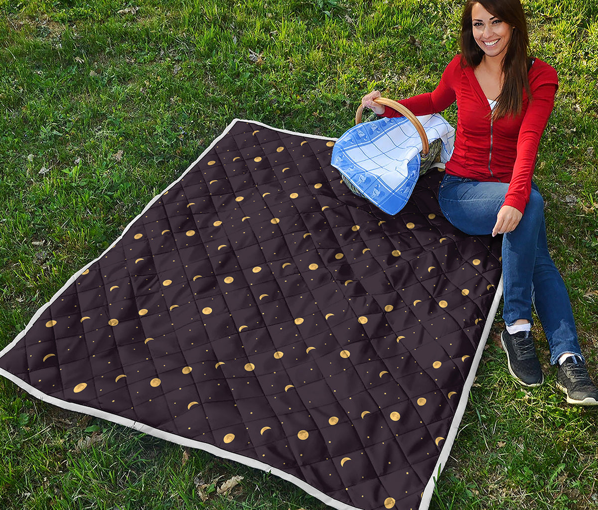 Moon Phase And Stars Pattern Print Quilt