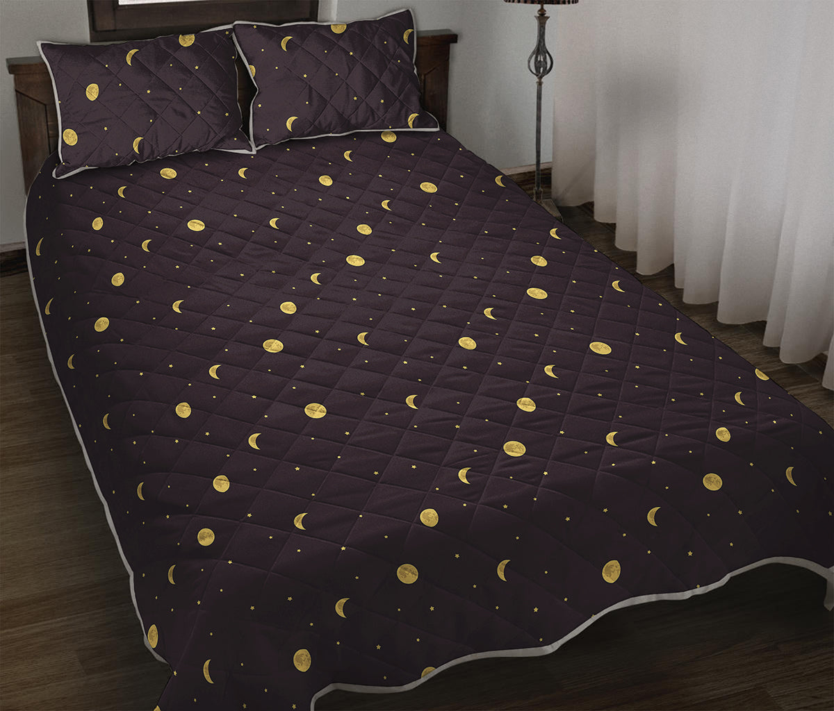 Moon Phase And Stars Pattern Print Quilt Bed Set