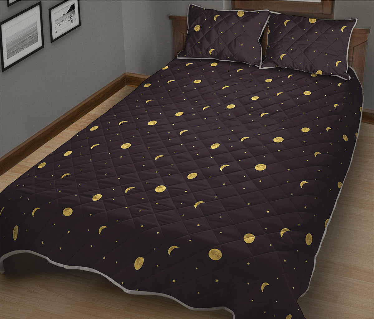 Moon Phase And Stars Pattern Print Quilt Bed Set