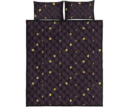 Moon Phase And Stars Pattern Print Quilt Bed Set