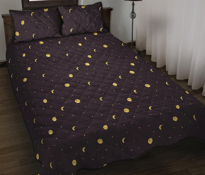 Moon Phase And Stars Pattern Print Quilt Bed Set