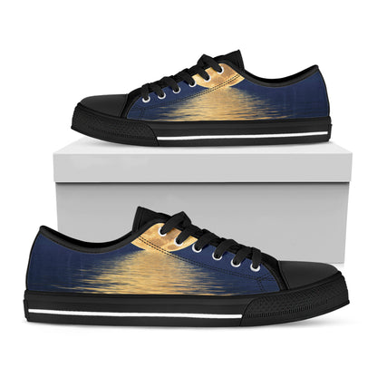 Moonlight On The Sea Print Black Low Top Shoes