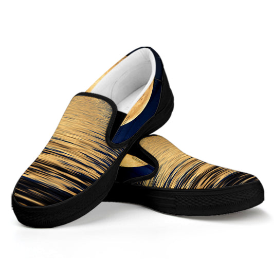 Moonlight On The Sea Print Black Slip On Shoes