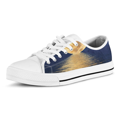 Moonlight On The Sea Print White Low Top Shoes
